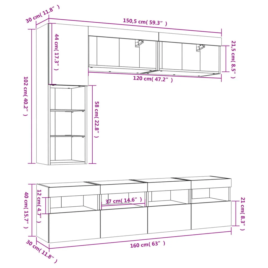 Ensemble de meubles TV muraux 7 pcs et lumières LED chêne fumé - 20