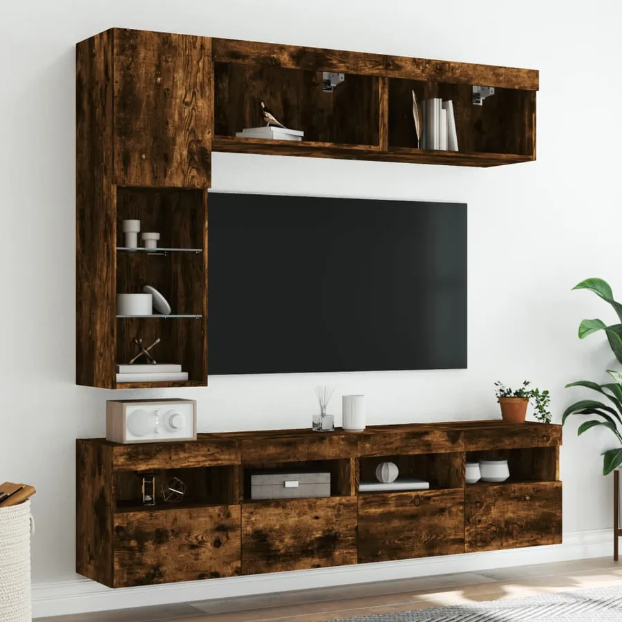 Ensemble de meubles TV muraux 7 pcs et lumières LED chêne fumé - 4