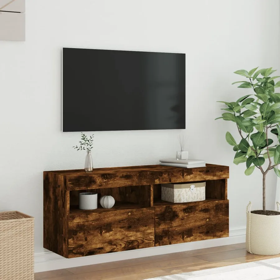 Meuble TV mural avec lumières LED chêne fumé 100x30x40 cm - 5