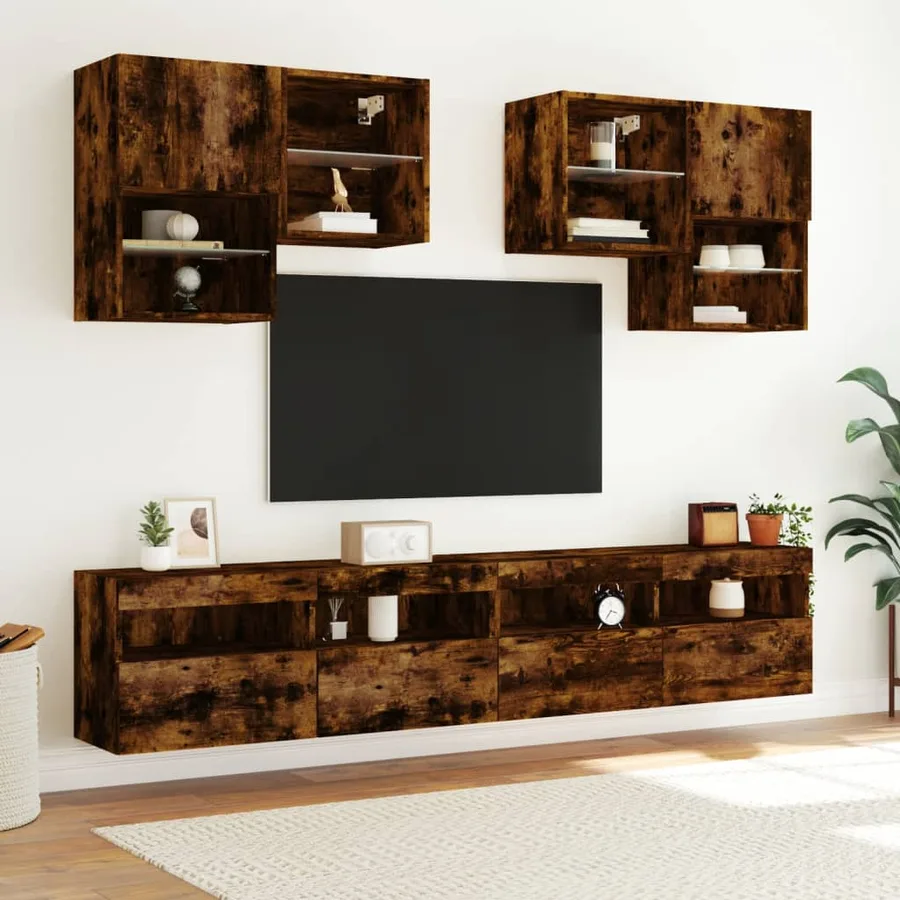 Meuble TV mural avec lumières LED chêne fumé 100x30x40 cm - 6