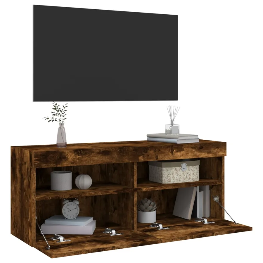 Meuble TV mural avec lumières LED chêne fumé 100x30x40 cm - 7