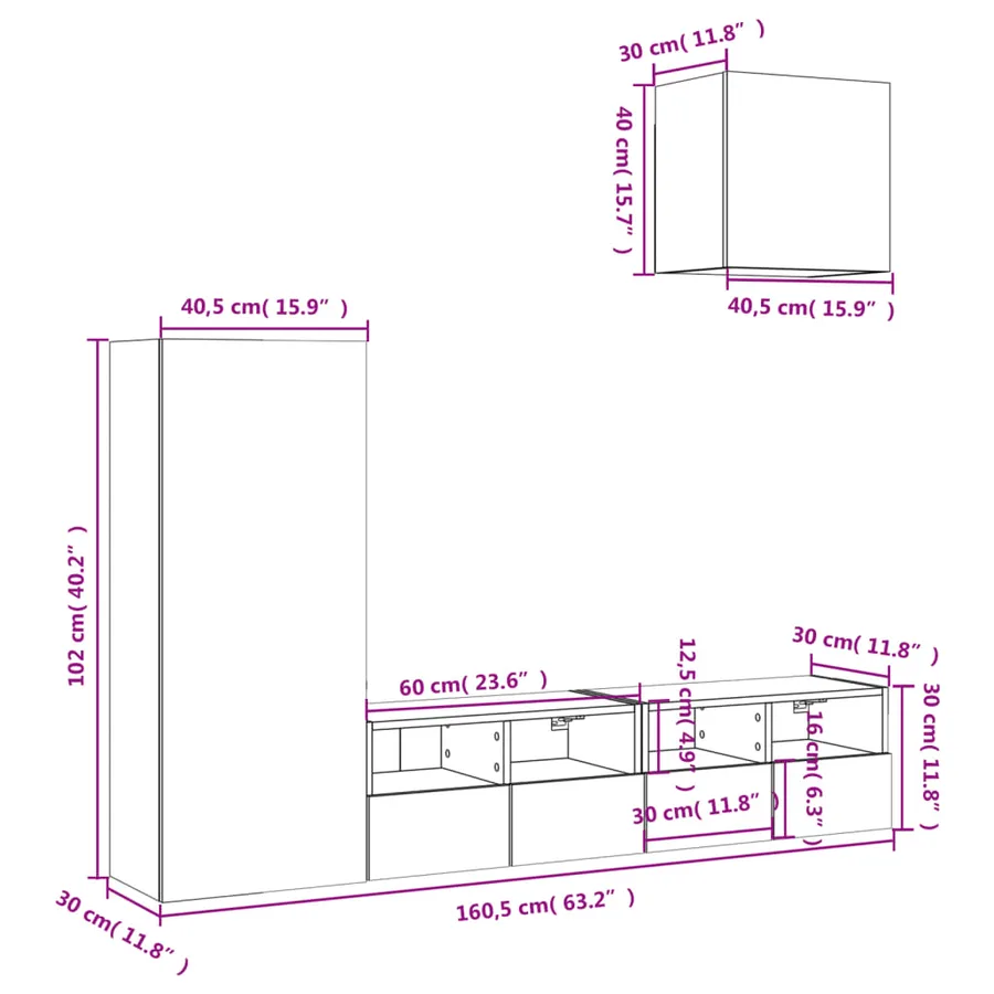 Unités murales TV 4 pcs gris béton bois d'ingénierie - 13