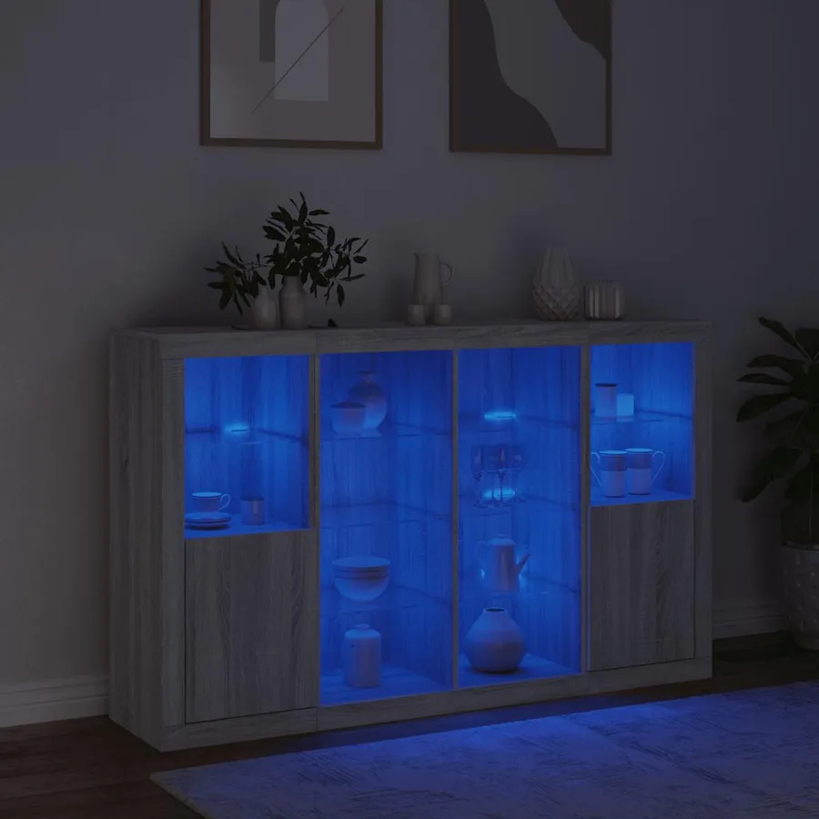 Buffets avec lumières LED 3 pcs sonoma gris bois d'ingénierie - 3