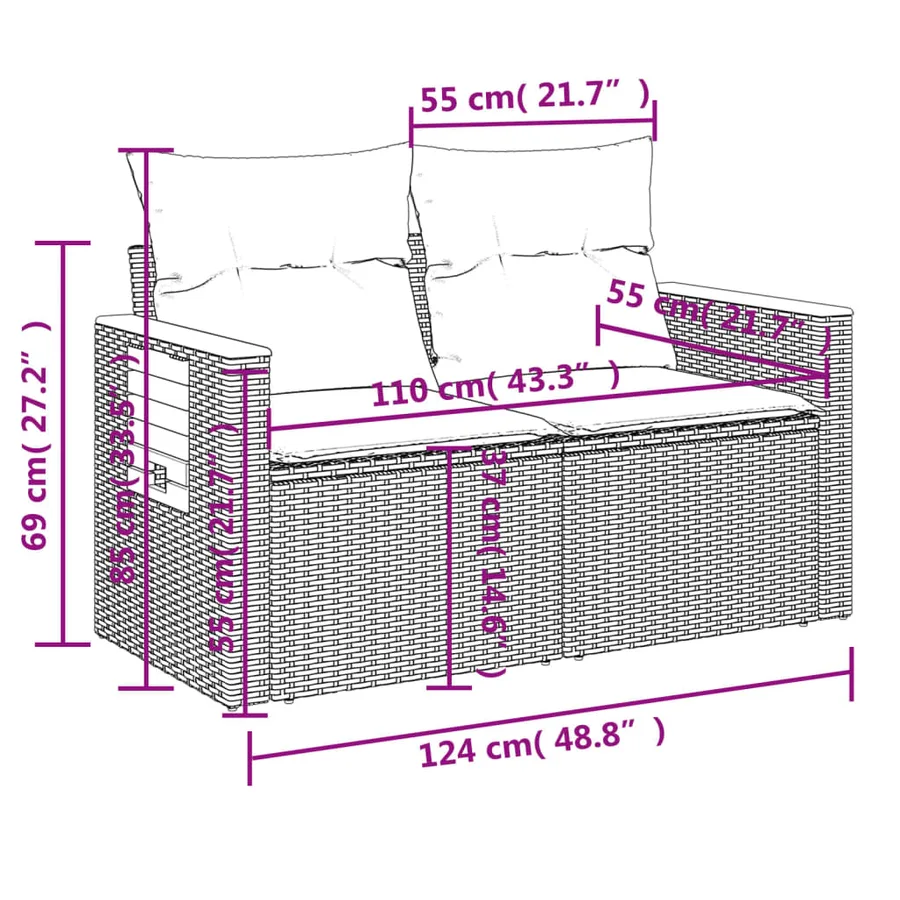 Canapé de jardin avec coussins 2 places beige résine tressée - 14