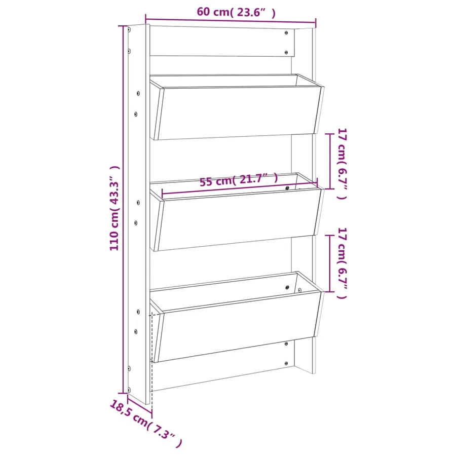 Jardinière murale 3 niveaux 60x18,5x110 cm bois de pin massif - 9