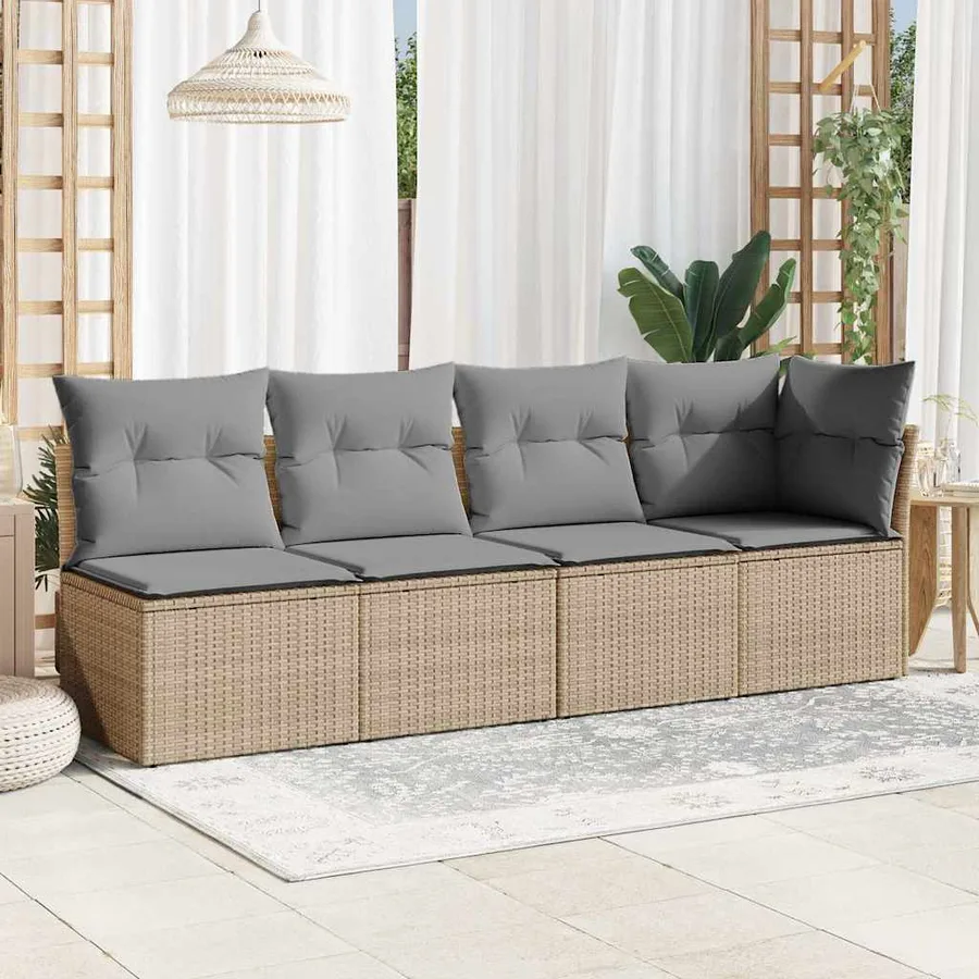 Canapé de jardin avec coussins 4 places beige résine tressée - 3