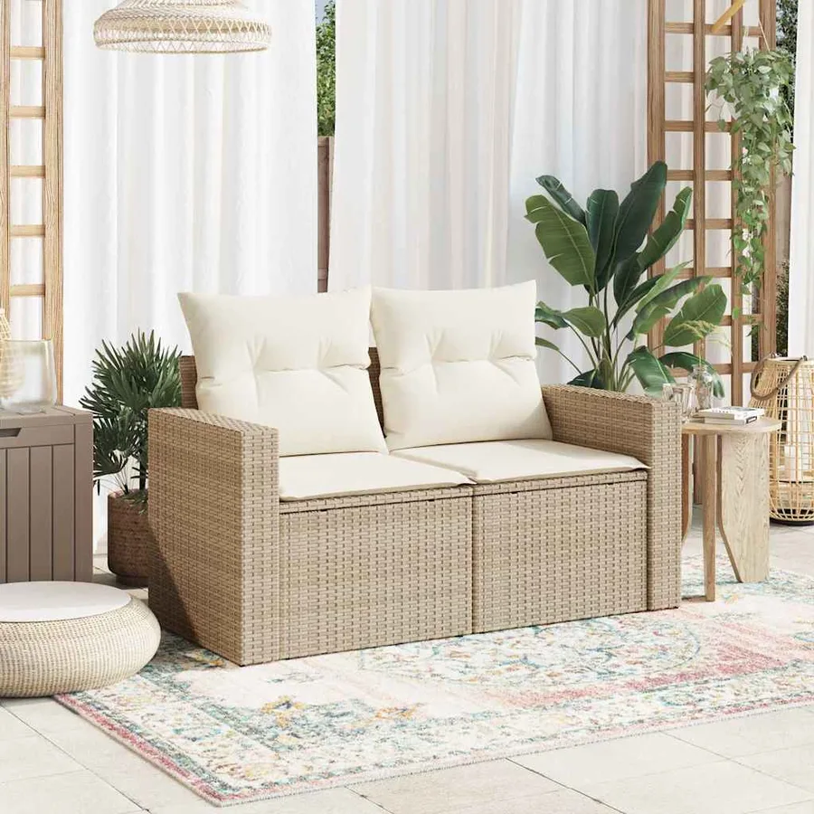 Canapé de jardin avec coussins 2 places beige résine tressée - 3