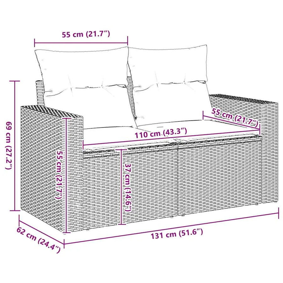 Canapé de jardin avec coussins 2 places beige résine tressée - 8