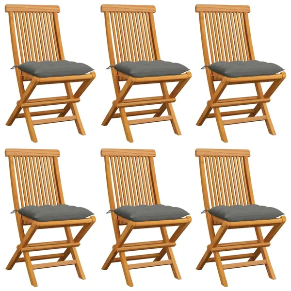 Chaises de jardin et coussins gris lot de 6 Bois de teck massif