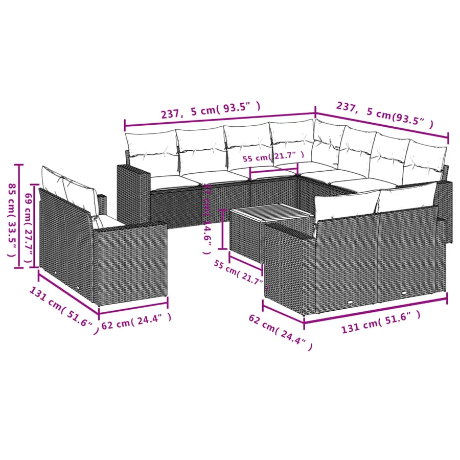 Salon de jardin avec coussins 12 pcs beige résine tressée - 3
