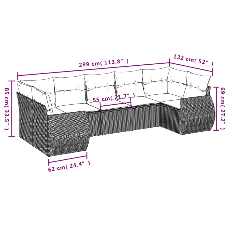 Salon de jardin 7 pcs avec coussins noir résine tressée 62 x 62 x 69 cm - 58,1 kg - 7