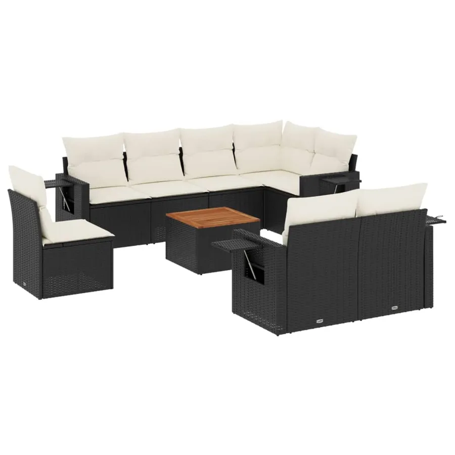 Salon de jardin 9 pcs avec coussins noir résine tressée - 2
