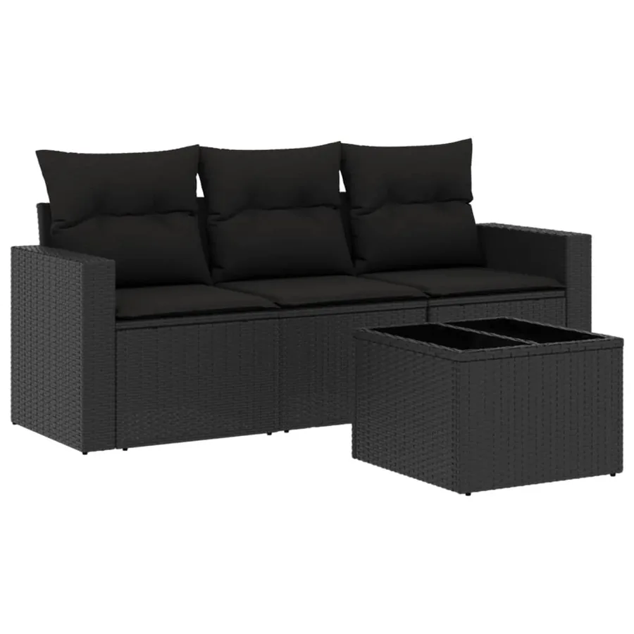 Salon de jardin 4 pcs avec coussins noir résine tressée - 2
