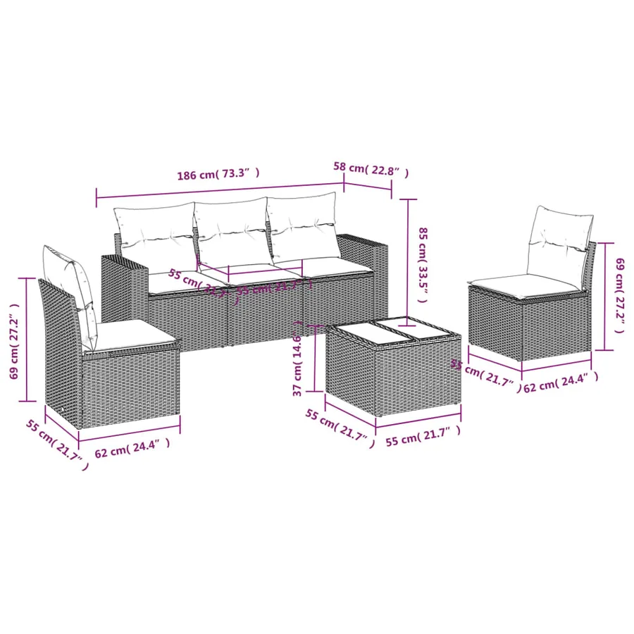 Salon de jardin 6 pcs avec coussins noir résine tressée - 3