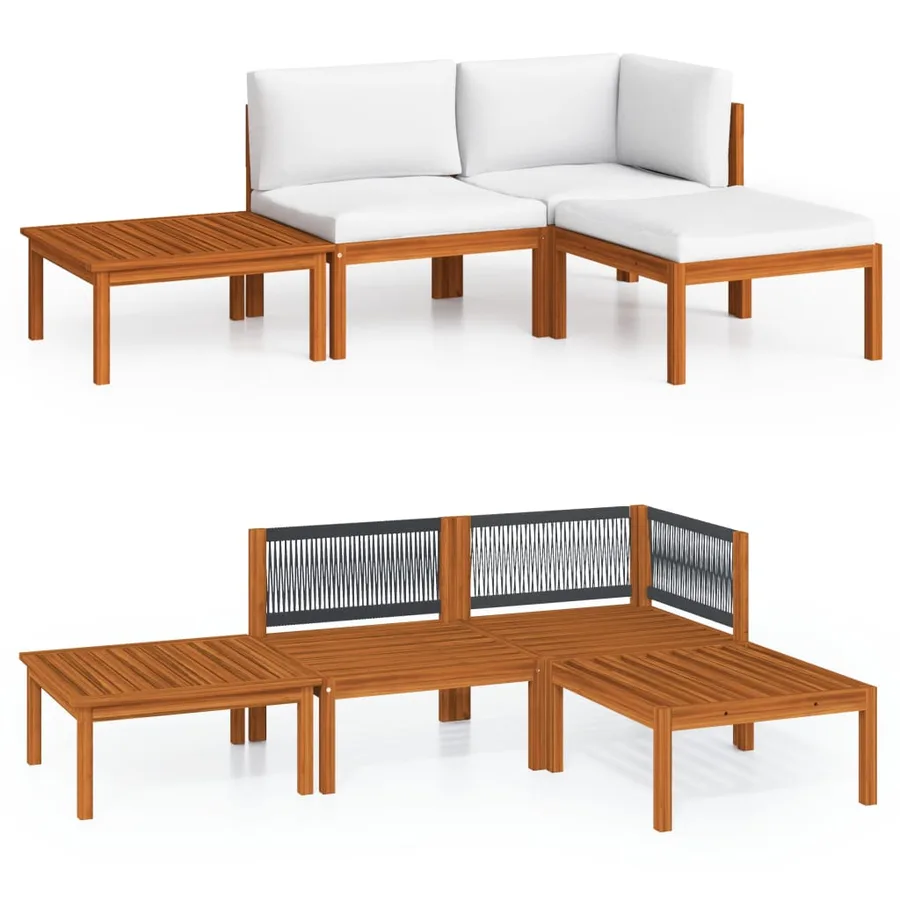 Salon de jardin 4 pièces avec coussins, bois d'acacia crème et corde - 2