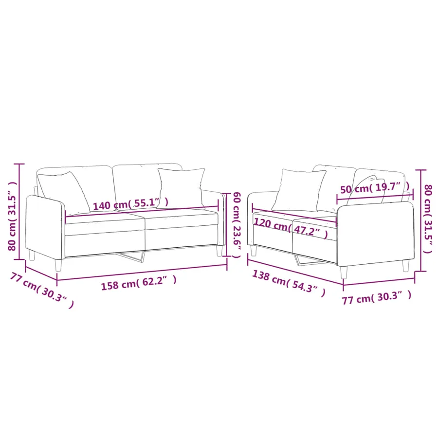 Ensemble de canapés 2 pcs avec coussins crème tissu - 9