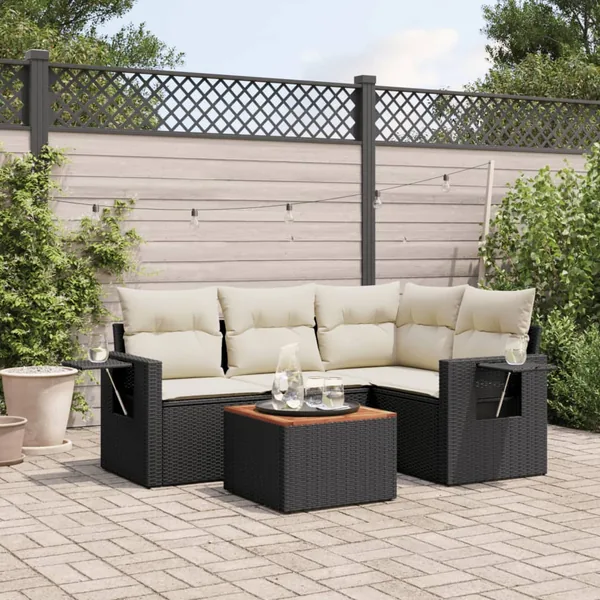 Salon de jardin 5 pcs avec coussins noir résine tressée