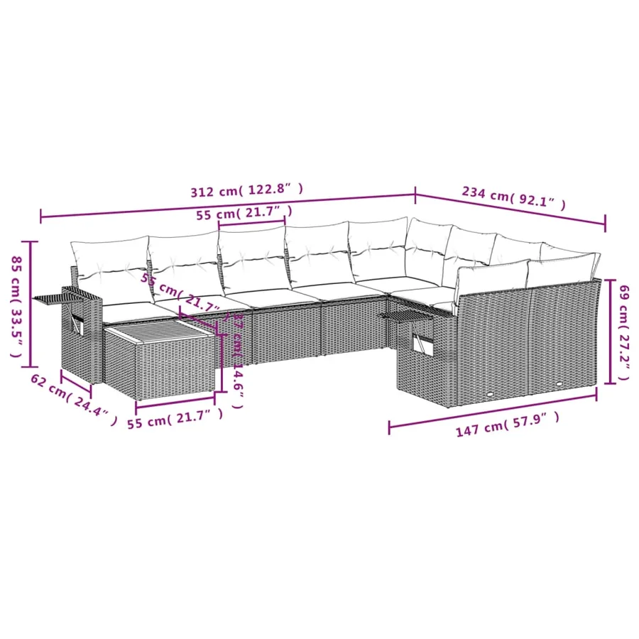 Salon de jardin 10 pcs avec coussins noir résine tressée - 10
