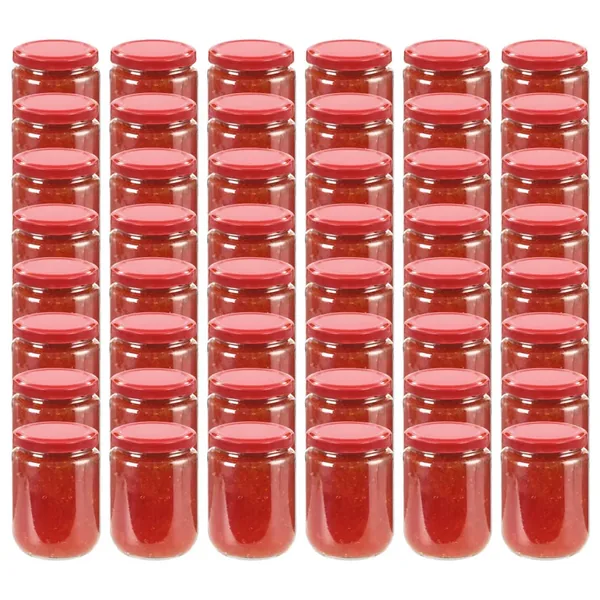 48 pcs Pots à confiture avec couvercle rouge Verre 230 ml