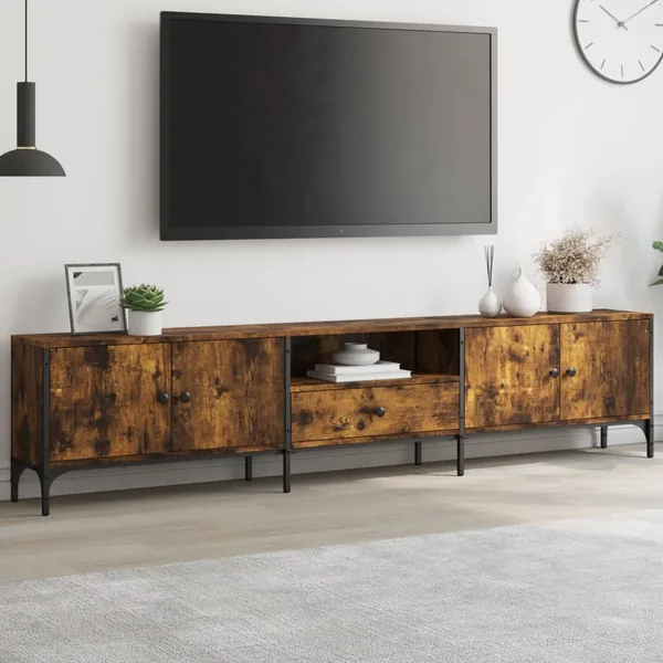 Meuble TV à tiroir chêne fumé 200x25x44 cm bois d'ingénierie