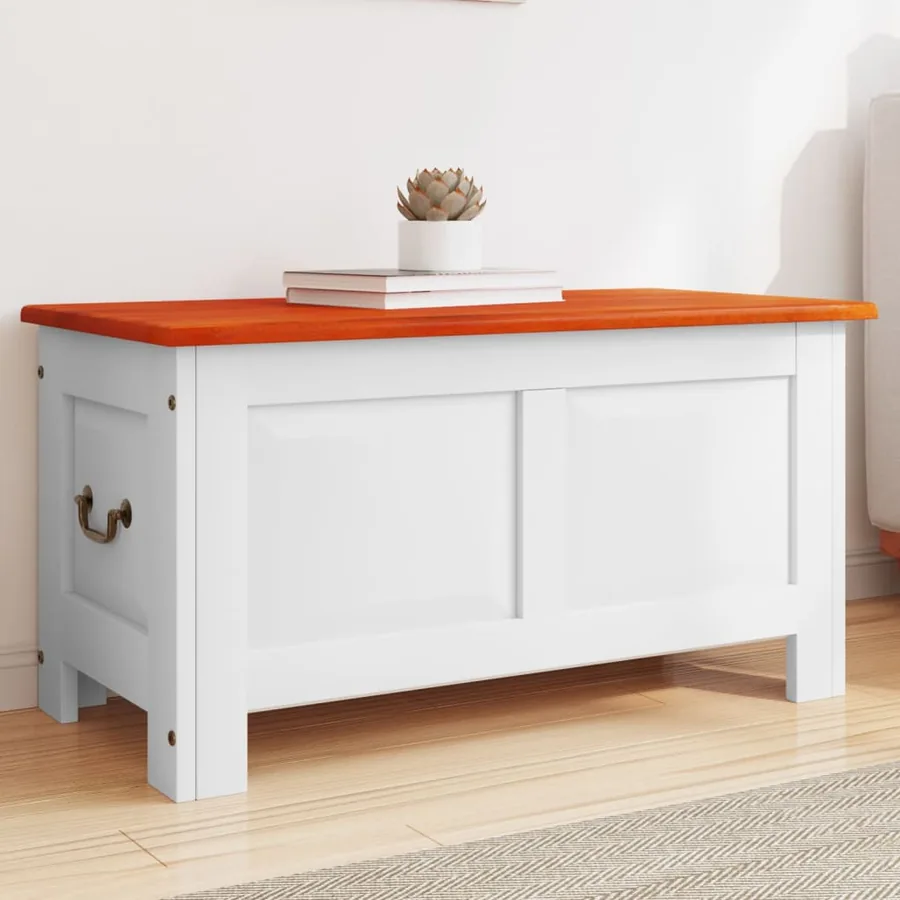 Coffre de rangement et couvercle marron et blanc bois d'acacia
