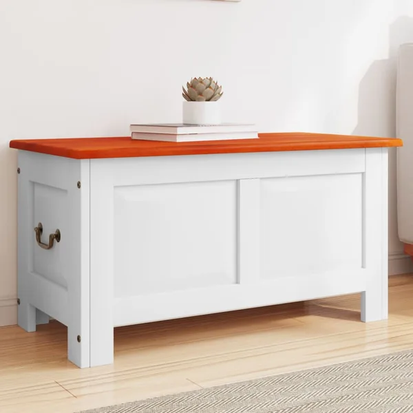 Coffre de rangement et couvercle marron et blanc bois d'acacia