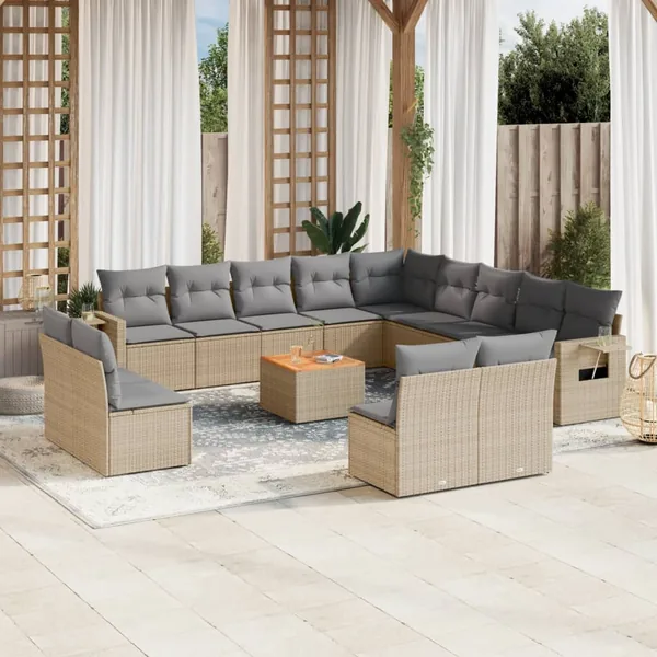 Salon de jardin avec coussins 14 pcs beige résine tressée
