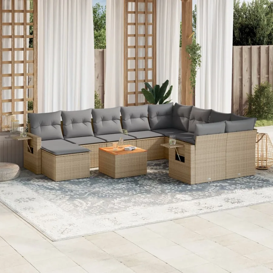 Salon de jardin 11 pcs avec coussins beige résine tressée