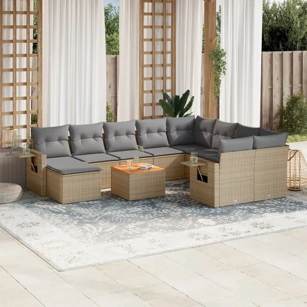 Salon de jardin 11 pcs avec coussins beige résine tressée