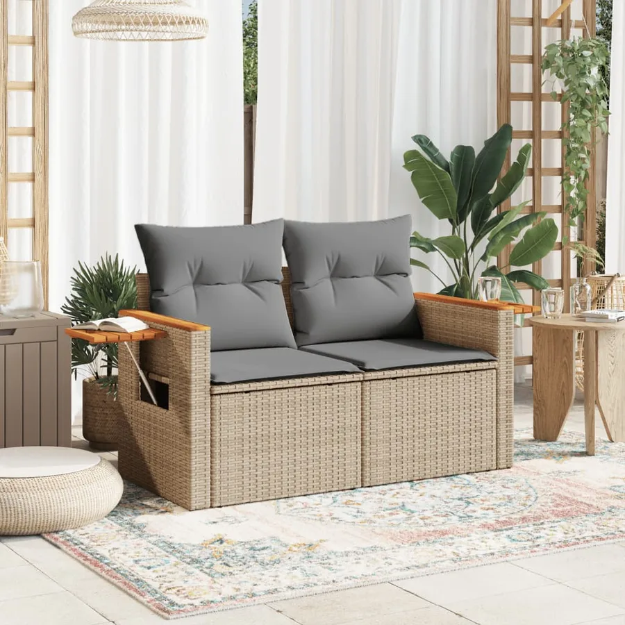 Canapé de jardin avec coussins 2 places beige résine tressée - 3
