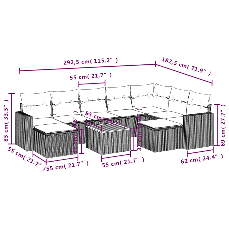 Salon de jardin 10 pcs avec coussins noir résine tressée - 3