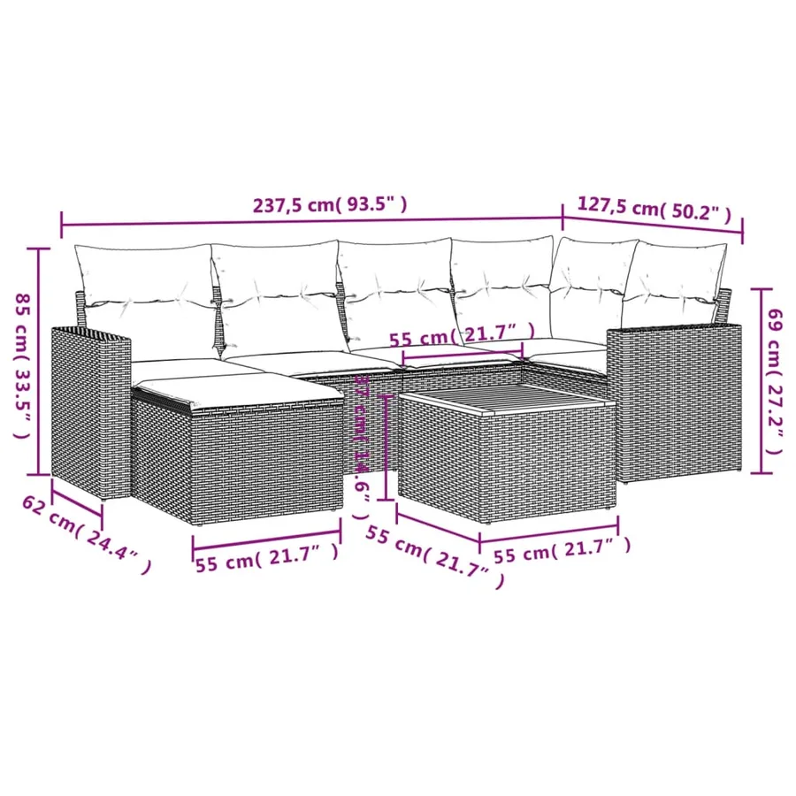 Salon de jardin 7 pcs avec coussins noir résine tressée 62 x 62 x 69 cm - 55,4 kg - 3