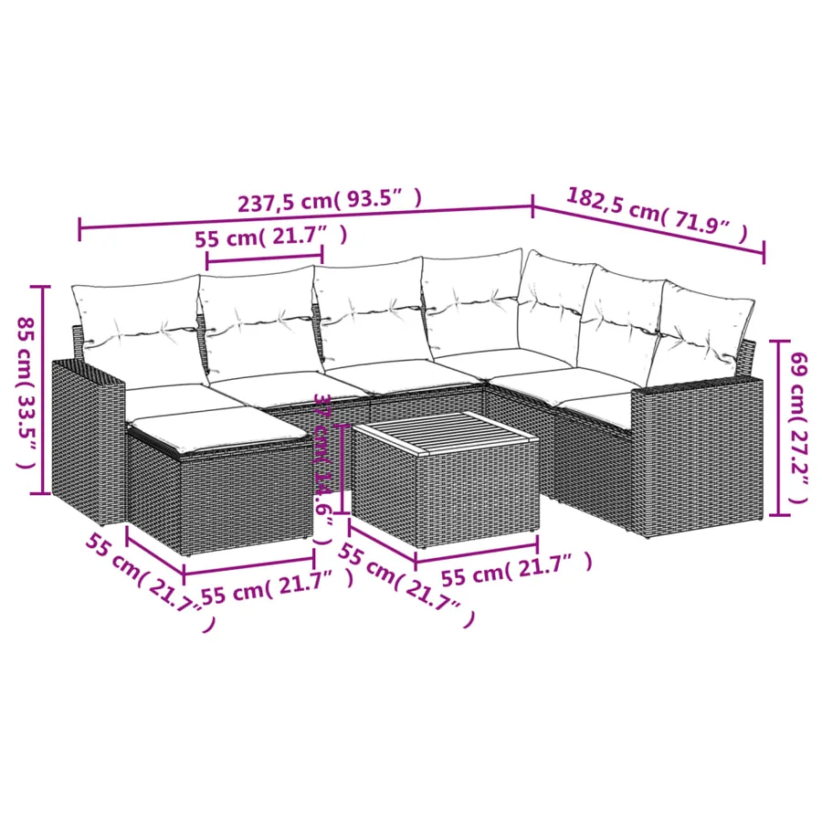 Salon de jardin 8 pcs avec coussins noir résine tressée - 3