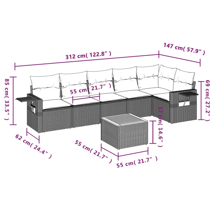 Salon de jardin 7 pcs avec coussins noir résine tressée 62 x 62 x 69 cm - 55,9 kg - 9