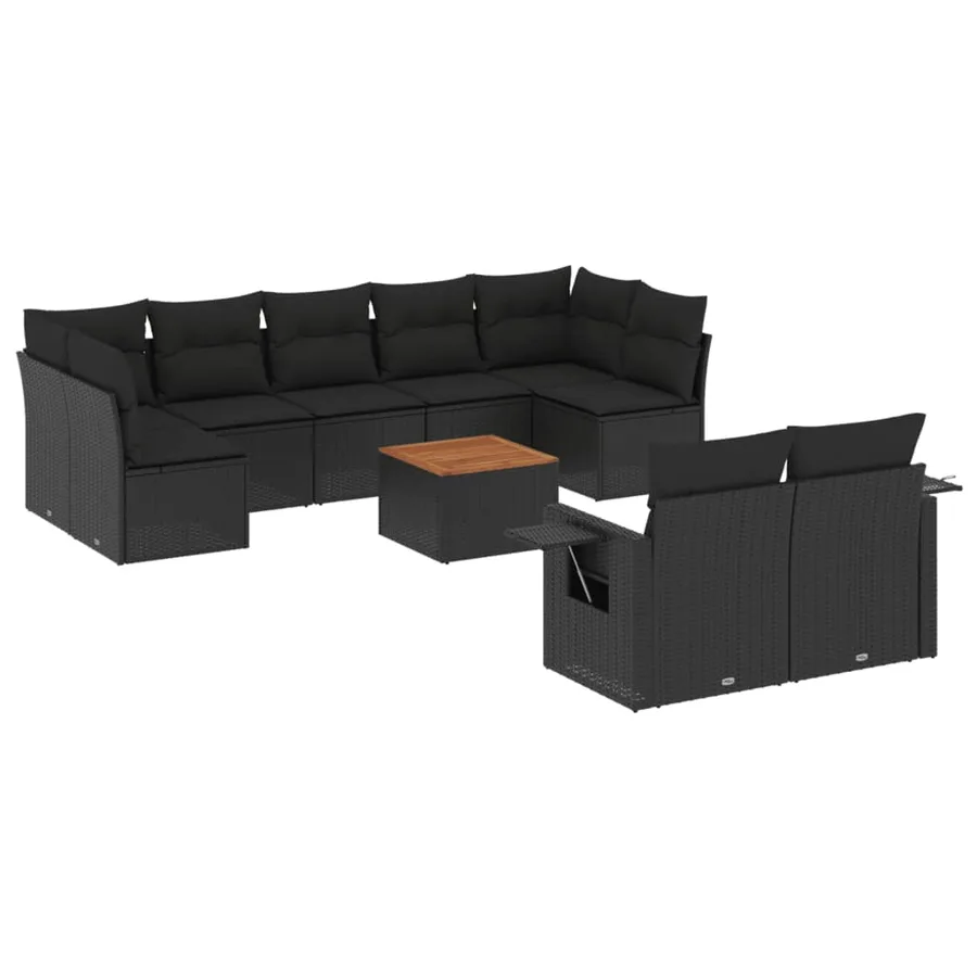 Salon de jardin 10 pcs avec coussins noir résine tressée - 2