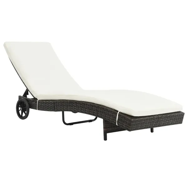 Chaise longue avec roues et coussin Résine tressée Marron