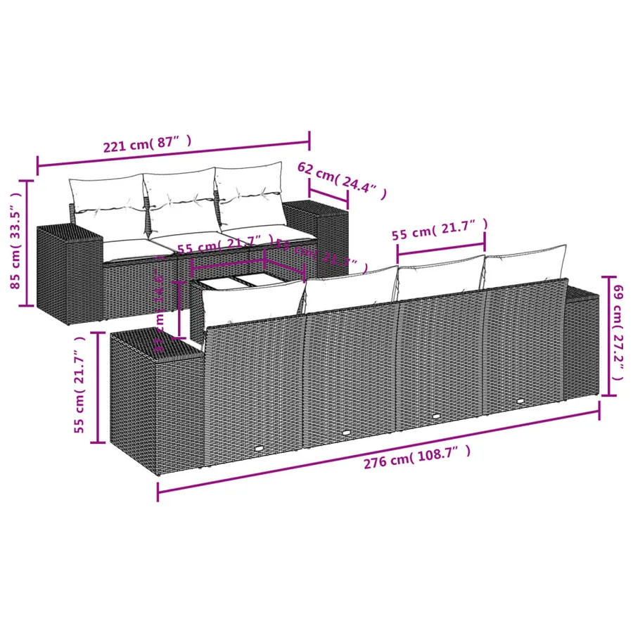 Salon de jardin 8 pcs avec coussins noir résine tressée - 7