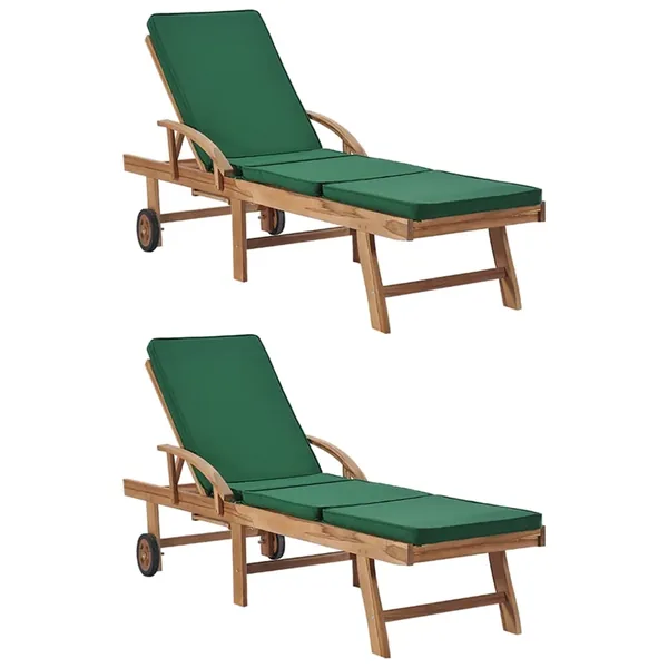 Chaises longues avec coussins 2 pcs Bois de teck solide Vert