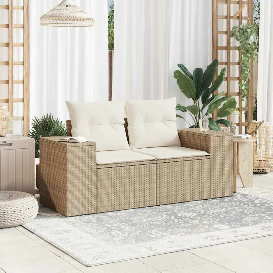 Canapé de jardin avec coussins 2 places beige résine tressée - 3