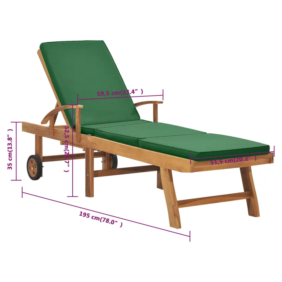 Chaise longue avec coussin Bois de teck solide Vert - 10