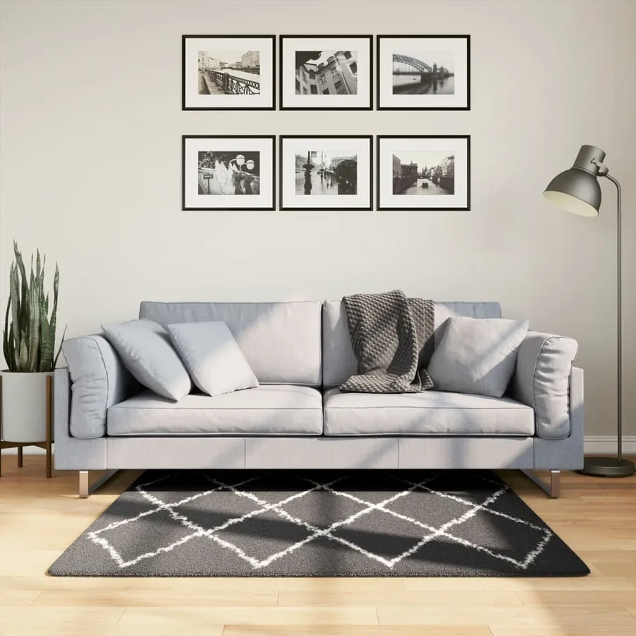 Tapis shaggy à poils longs moderne noir et crème 120x120 cm