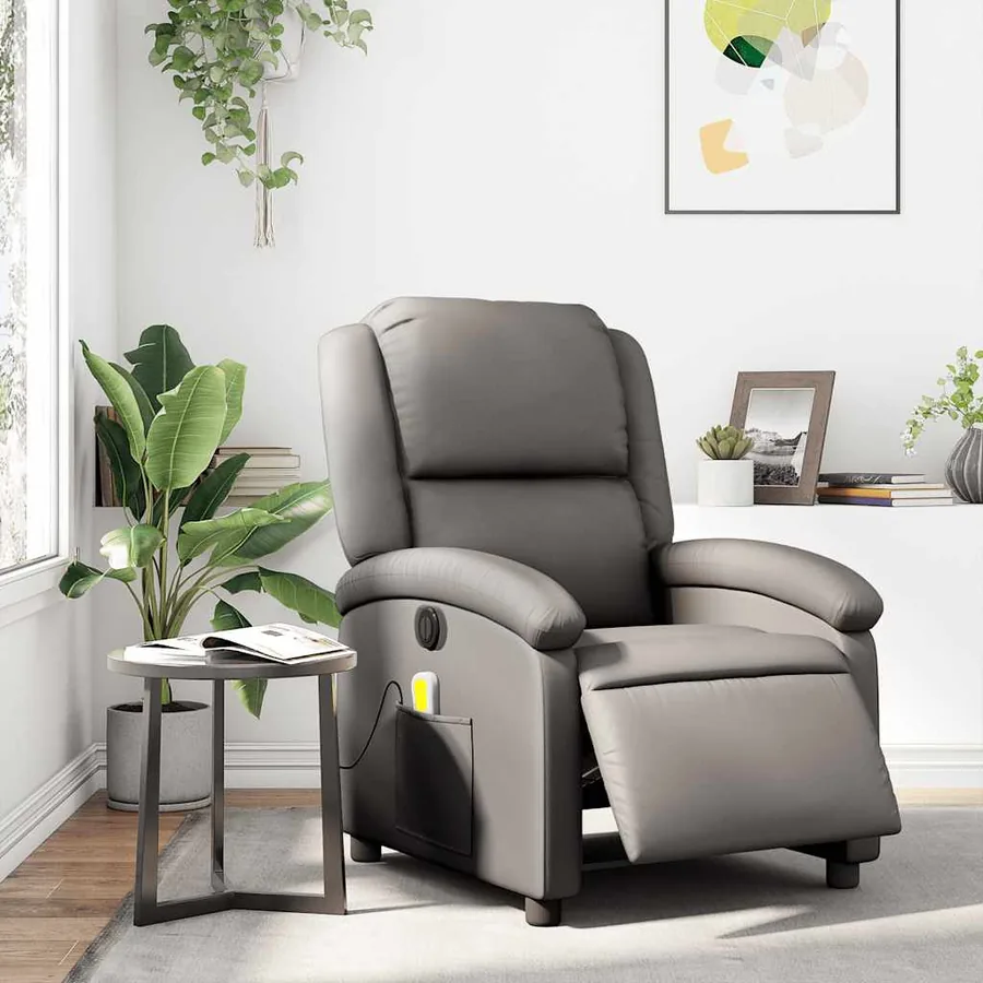 Fauteuil de massage inclinable électrique gris cuir véritable - 15