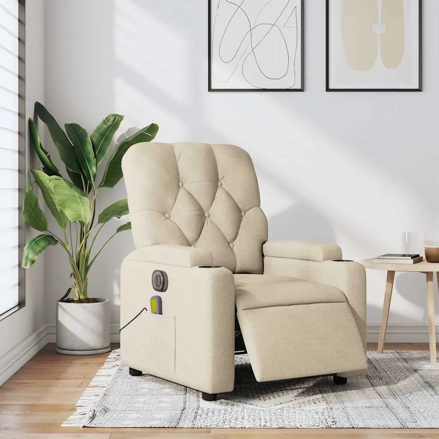 Fauteuil inclinable de massage électrique crème tissu - 15