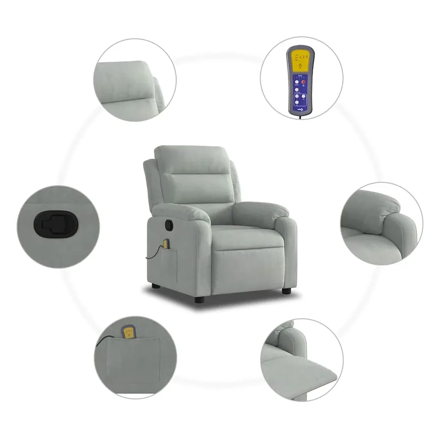 Fauteuil de massage inclinable gris clair velours - 7