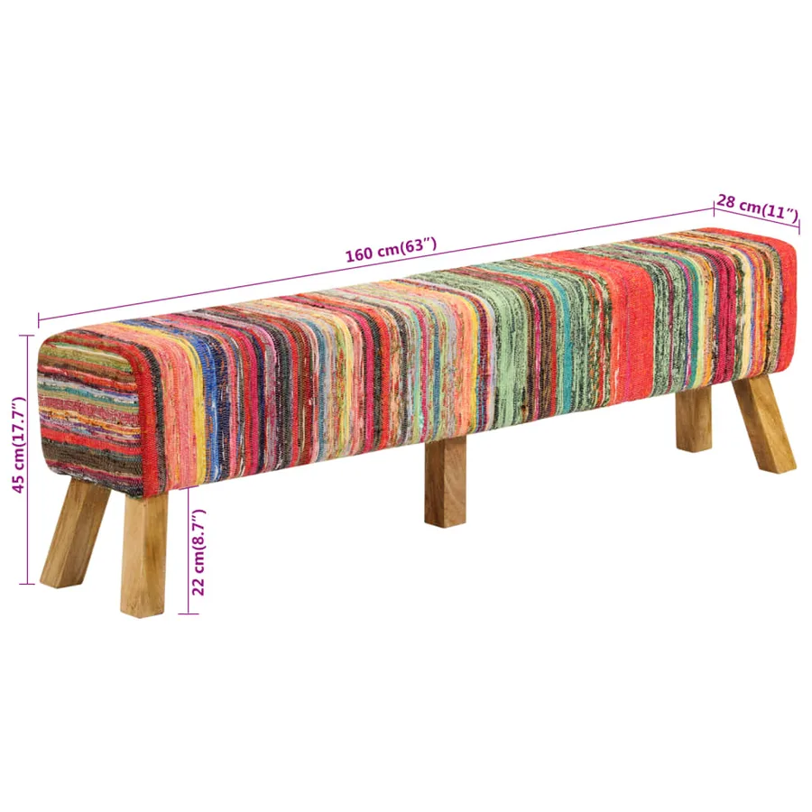 Banc multicolore 160 cm tissu chindi et bois de manguier massif - 7