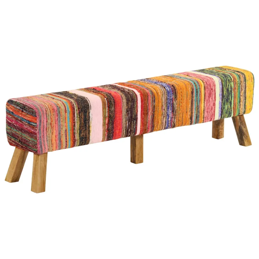 Banc multicolore 160 cm tissu chindi et bois de manguier massif - 9