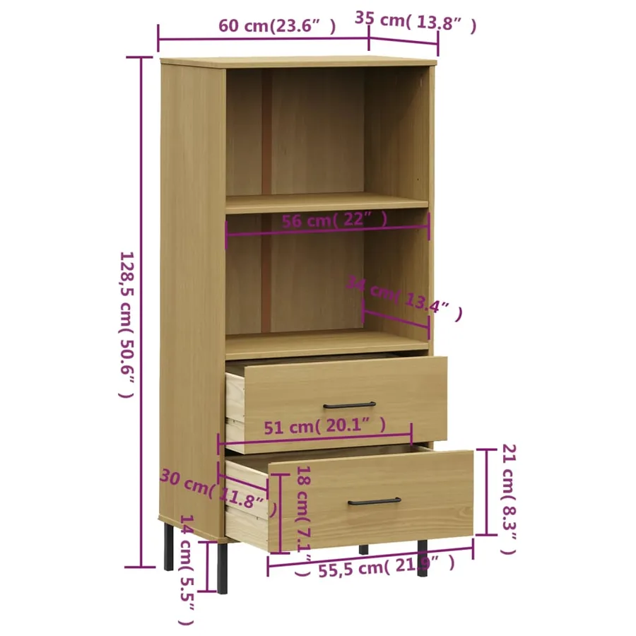 Bibliothèque à 2 tiroirs Marron 60x35x128,5 cm Bois massif OSLO - 8