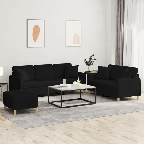Ensemble de canapés 3 pcs avec coussins noir tissu