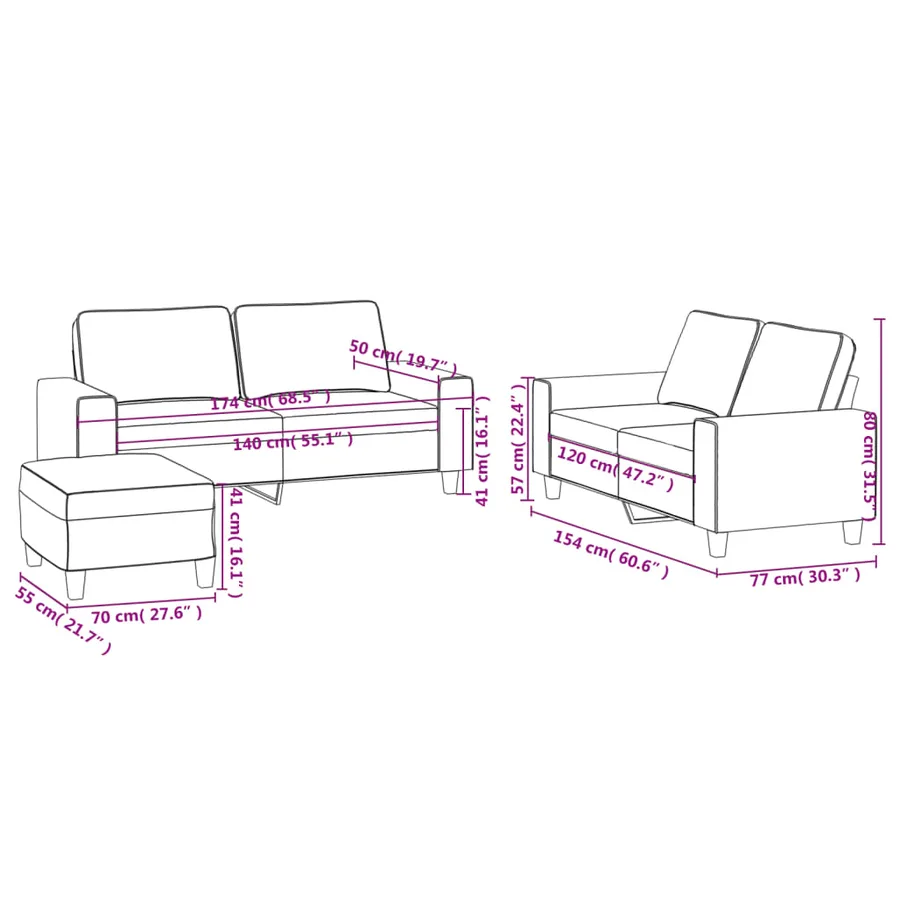 Ensemble de canapés 3 pcs rouge bordeaux tissu - 9