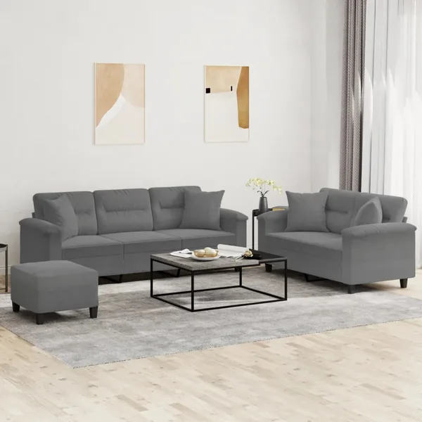 Ensemble de canapés 3 pcs coussins Gris foncé Tissu microfibre